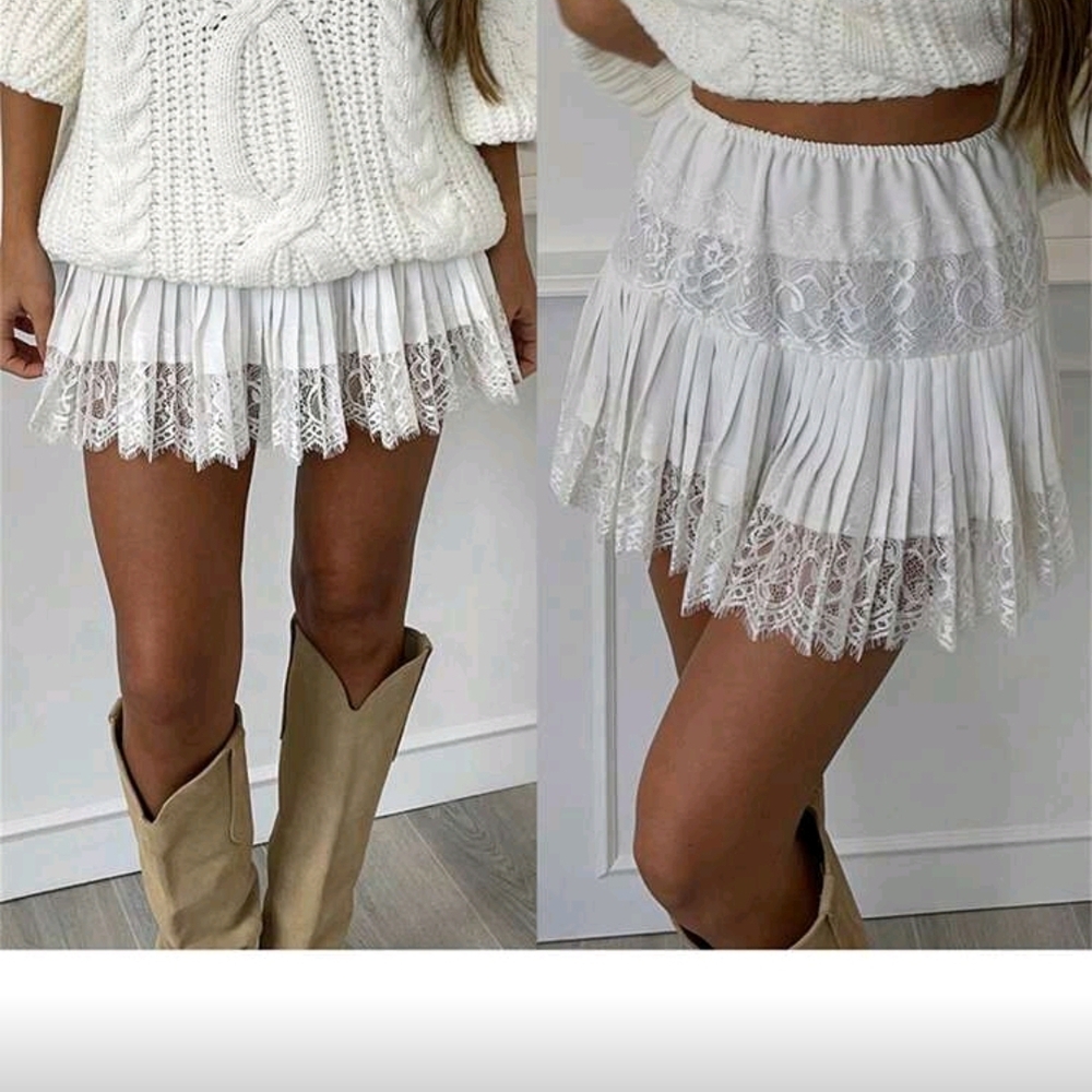 SHEIN White Pleated Lace Mini Skirt